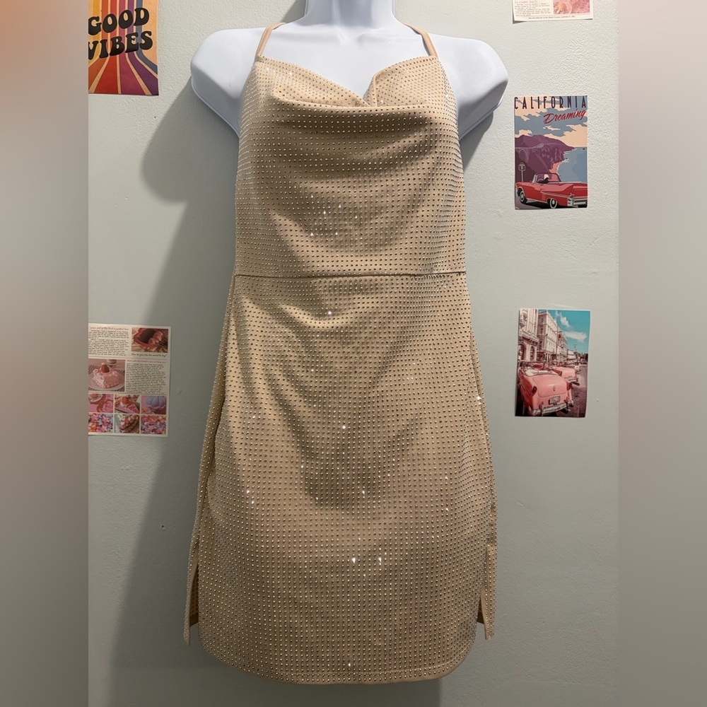 AKIRA Beige Mini Dress with Rhinestone Detail